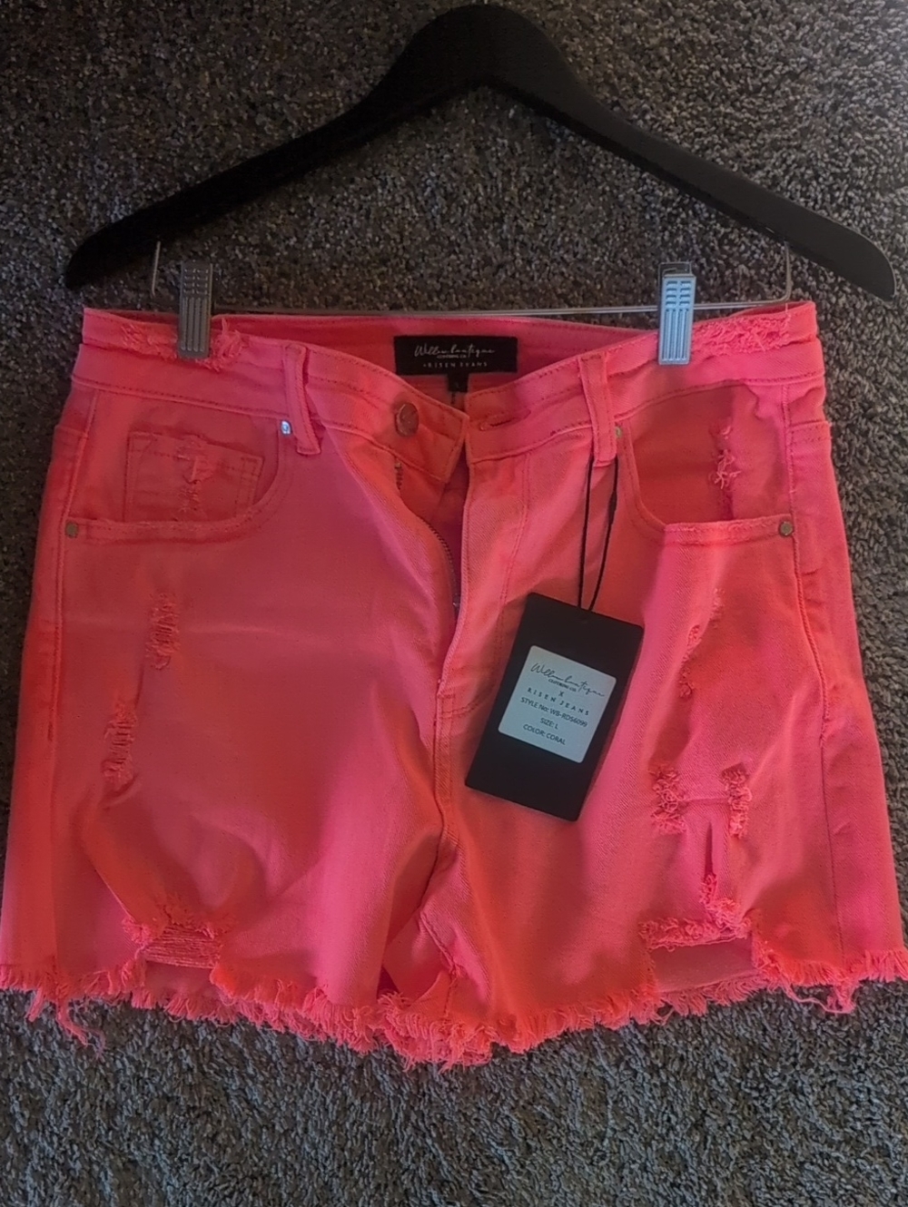 Risen By Willow Boutique Vibrant Neon Coral Distressed Shorts